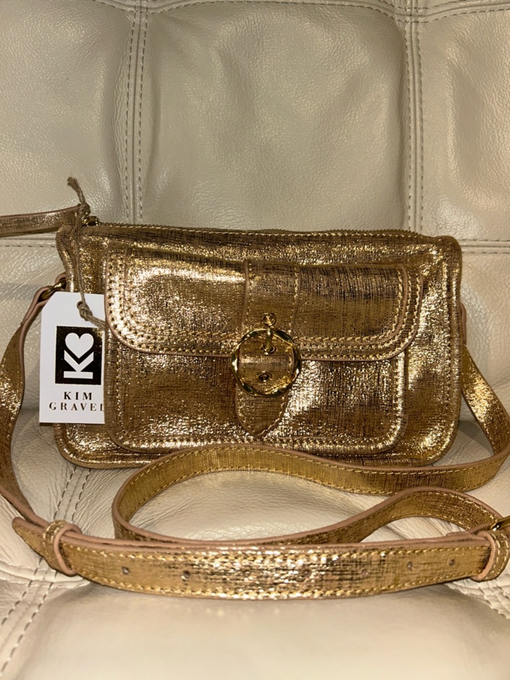 Kim Gravel Blessed & Busy Gold Metallic Leather East/ West Crossbody retail $178